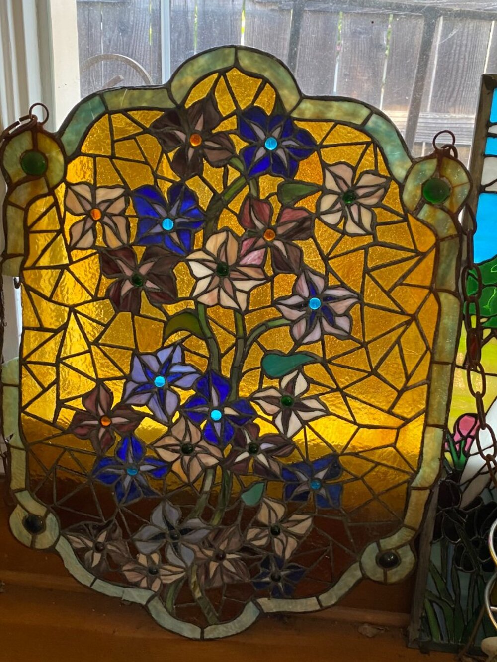 Antique Stained Glass Leaded Panel Victorian Salvage Mosaic Periwinkle Flowers - Picture 8 of 14